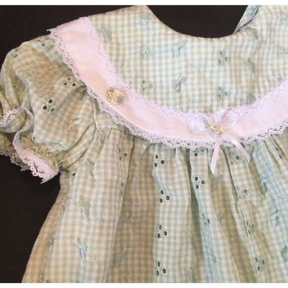 Vintage Rose Cottage Kid's Green gingham one Piece eyelet Romper Size 18M - Picture 11 of 11